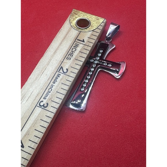 Silver Tone Black Inlay Crystal Cross Pendant Men Women Unisex Jewelry - Picture 7 of 7